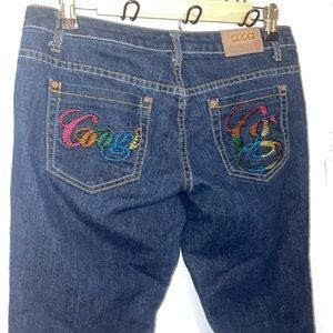 COOGI dark denim jeans cropped pants with embroidered pockets